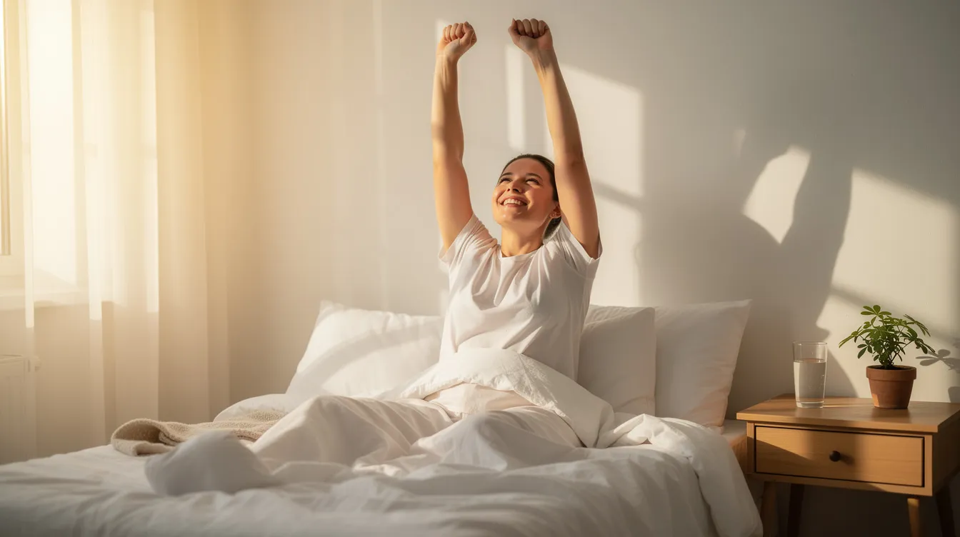 A person is stretching and smiling in a bright, sunlit bedroom, radiating a sense of refreshment and alertness, which contrasts with the challenges of excessive daytime sleepiness associated with sleep disorders like narcolepsy. The warm light and joyful expression suggest a positive start to the day, essential for maintaining daily life functions and combating symptoms related to orexin deficiency.