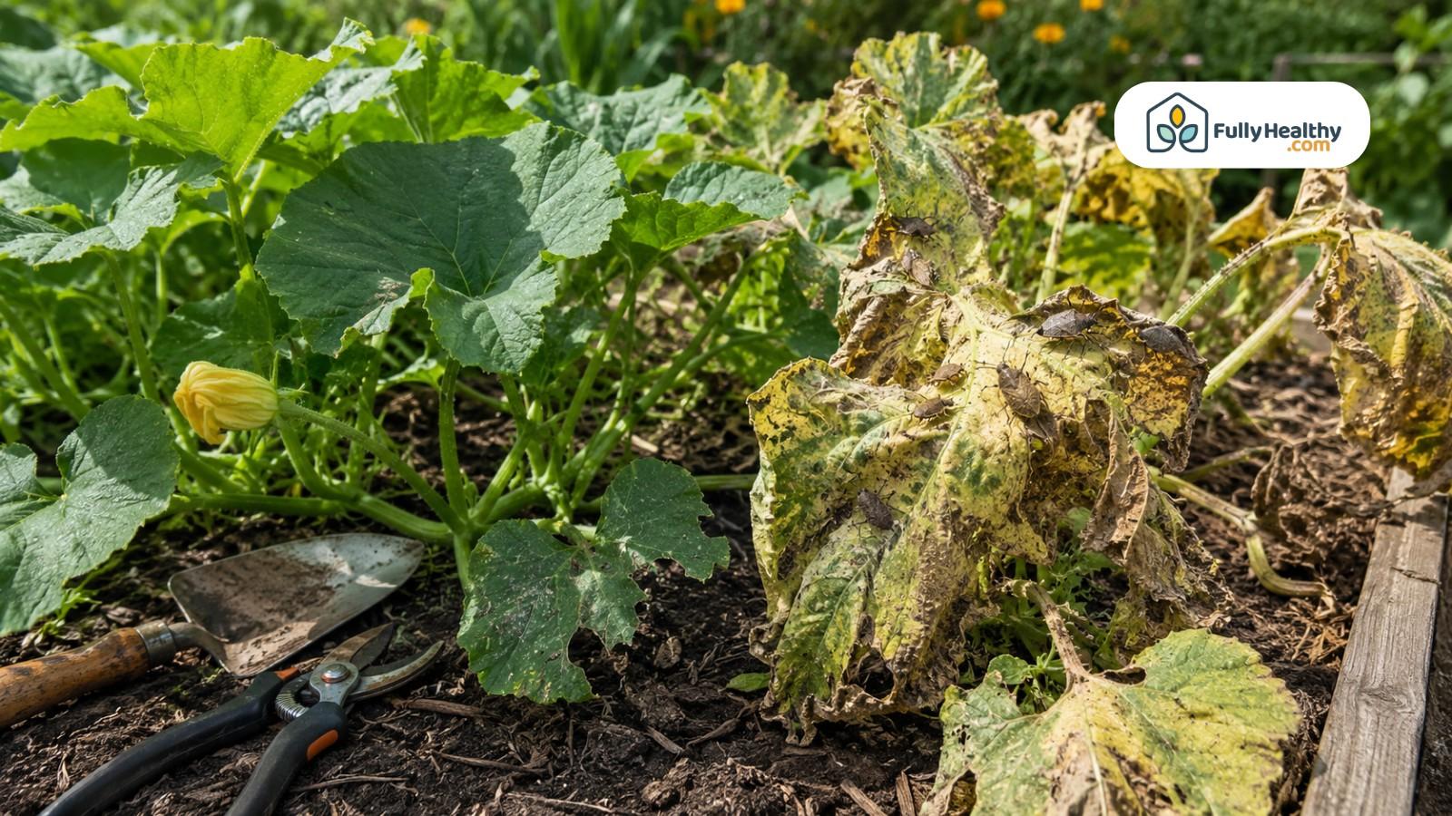 Damaged squash leaves with visible squash bugs beside healthy garden plants