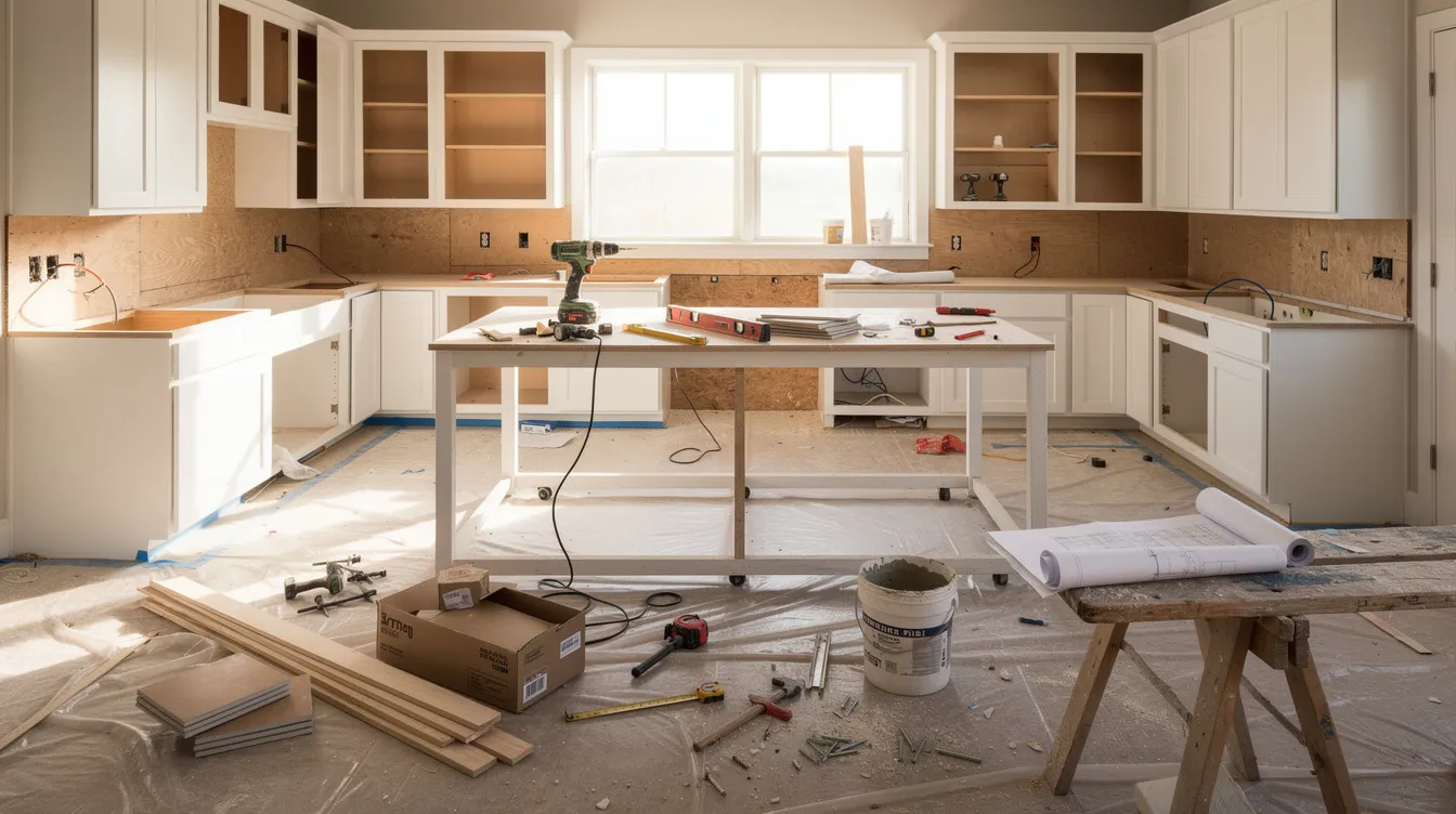 The image depicts a bright kitchen undergoing renovation, filled with various tools and building materials scattered around, highlighting the ongoing home improvement projects. This renovation could potentially be funded through a home equity line of credit, allowing homeowners to borrow funds against their home equity for such enhancements.