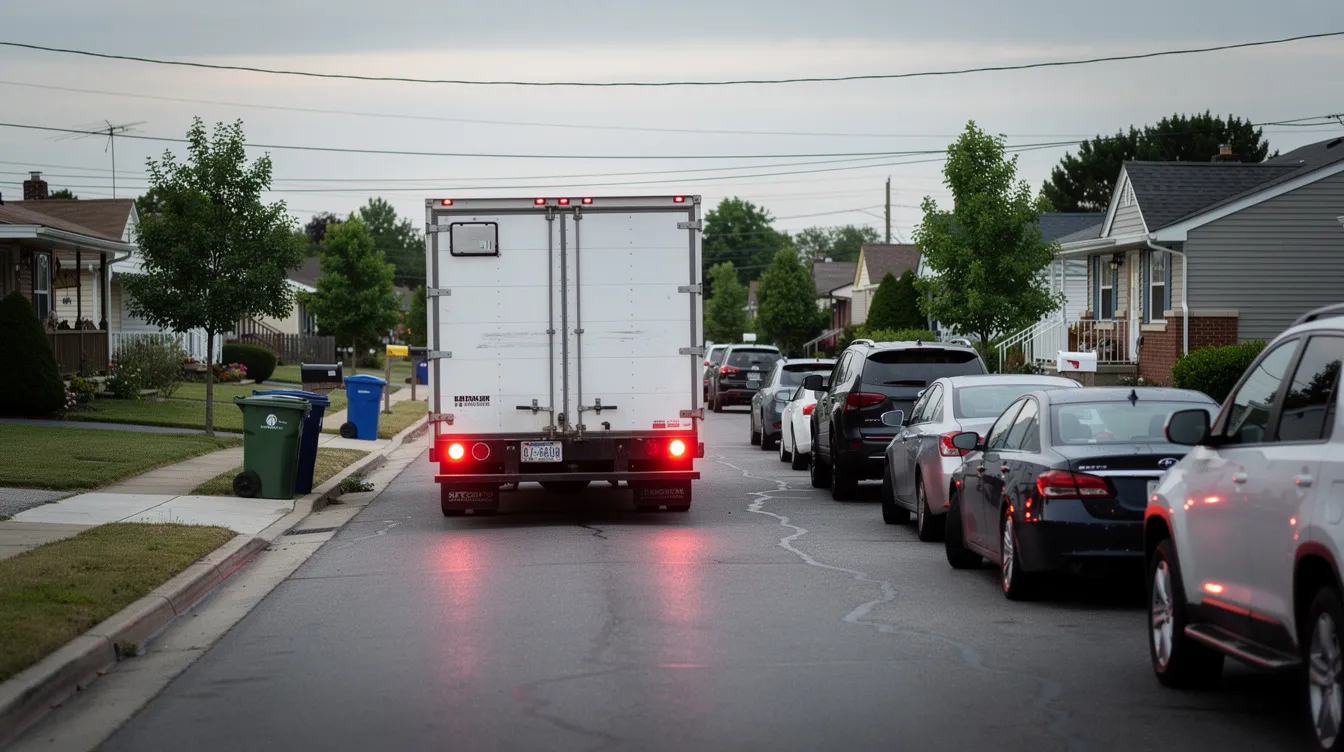 A delivery truck is seen backing up on a narrow street in a suburban residential neighborhood, surrounded by parked vehicles. This scene highlights the potential risks of truck accidents in tight spaces, emphasizing the importance of legal representation from experienced truck accident attorneys for accident victims seeking fair compensation.