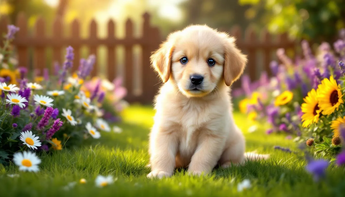 An adorable mini goldendoodle puppy with a fluffy cream-colored coat is sitting in a vibrant garden, surrounded by colorful flowers. This playful dog exudes sweetness and companionship, making it the perfect puppy for families and friends alike.