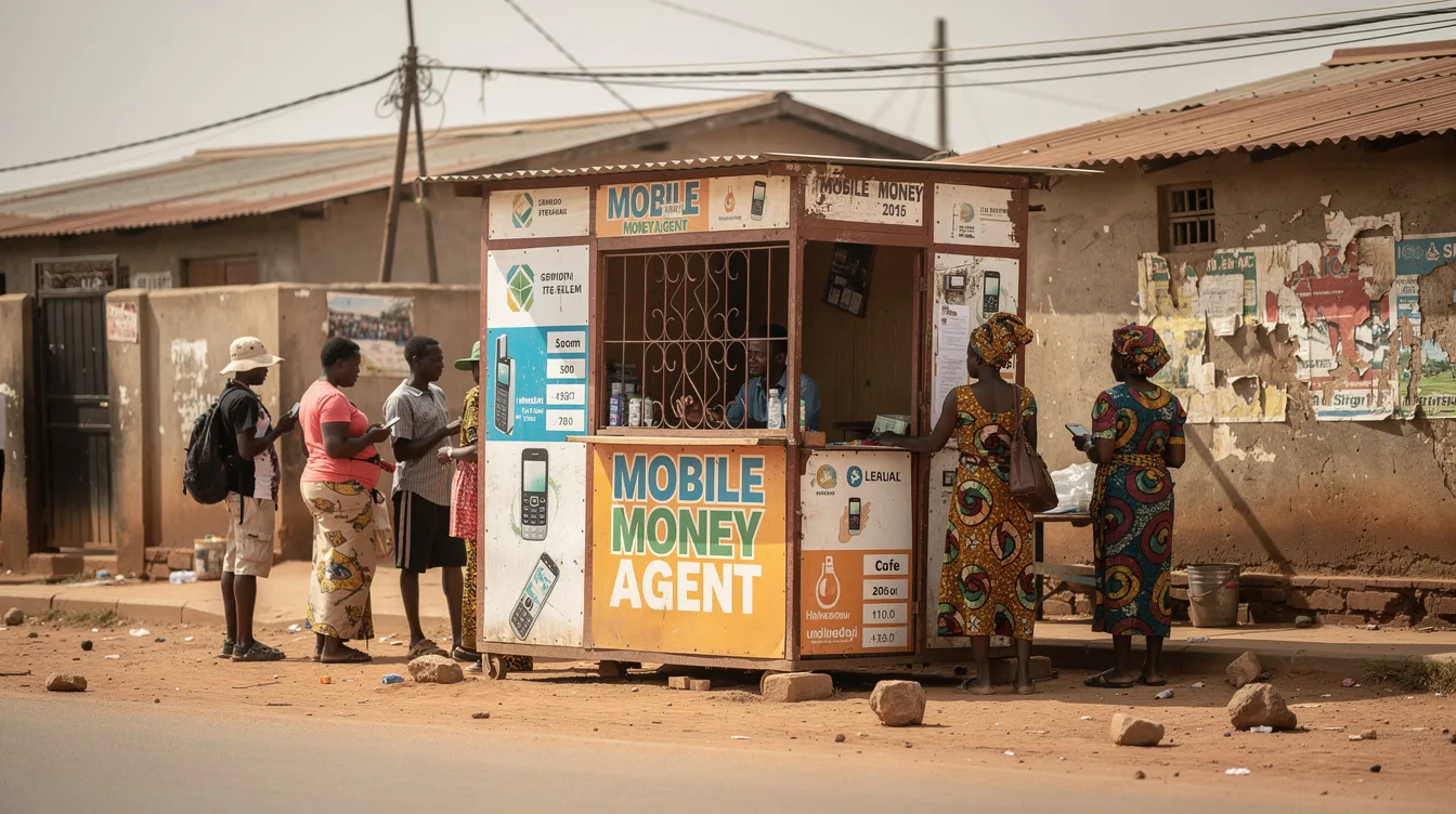 The image shows a small mobile money agent kiosk in a bustling West African neighborhood, with signage promoting various mobile money services like Orange Money. Customers are seen waiting nearby, highlighting the convenience and accessibility of mobile wallets for money transfers in Senegal.