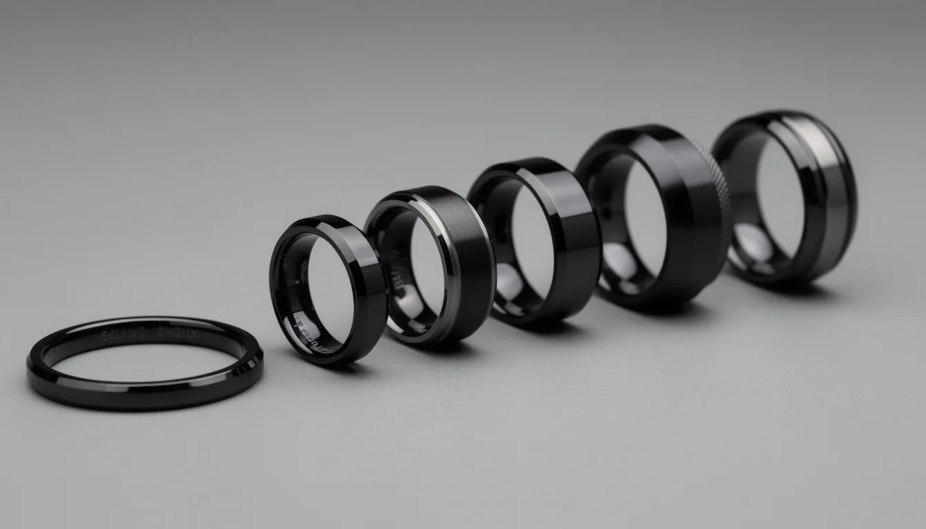 Czarna Obrączka – Znaczenie, Symbole i Wybór Nowoczesnych Obrączek 13 Na zdjęciu znajdują się różne modele czarnych obrączek, ułożone obok siebie, ukazujące różne szerokości i profile. Obrączki te mogą być wykonane z różnych materiałów, takich jak stal szlachetna czy złoto, co podkreśla ich wyjątkową trwałość i styl.