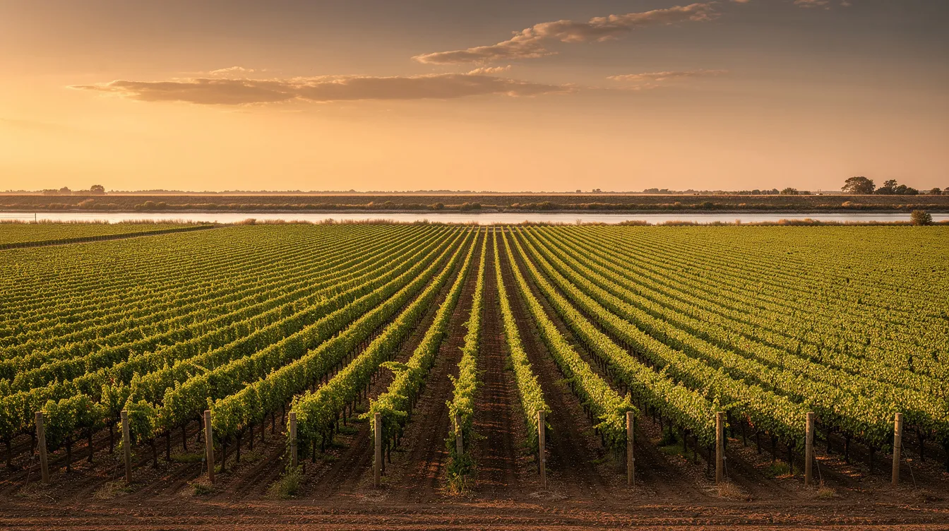 The image depicts rows of lush vineyards stretching across flat Delta farmland, bathed in golden evening light, with a distant river levee visible in the background. This picturesque scene captures the essence of Clarksburg wine country, highlighting its rich agricultural heritage and inviting atmosphere for wine tasting and exploration.