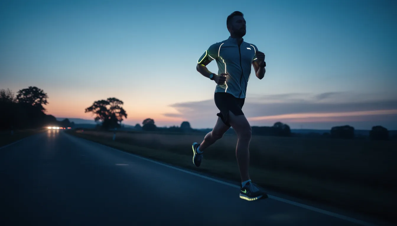 Biegacz w odzieży sportowej z samozaciskowymi opaskami odblaskowymi biegnie o zmierzchu wzdłuż drogi, co zwiększa jego widoczność i bezpieczeństwo. Opaski odblaskowe w różnych kolorach są doskonałym gadżetem dla osób uprawiających bieganie i spacery na świeżym powietrzu.