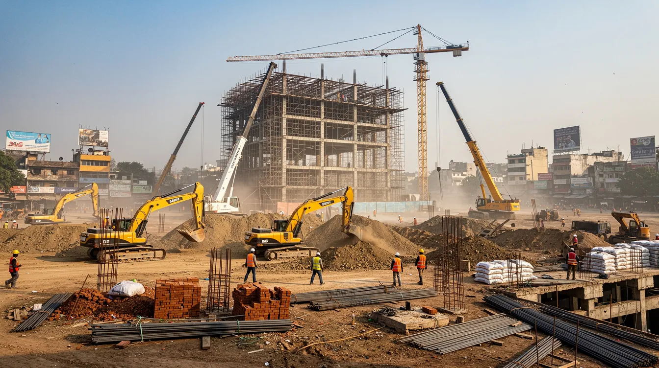 2122465a 80a6 4430 9b70 b6033eab82ba The image depicts a bustling construction site in India, featuring various construction equipment such as excavators and cranes, showcasing the active environment of ongoing building projects. This scene highlights the importance of the construction equipment rental business in meeting the demands of construction companies and projects.
