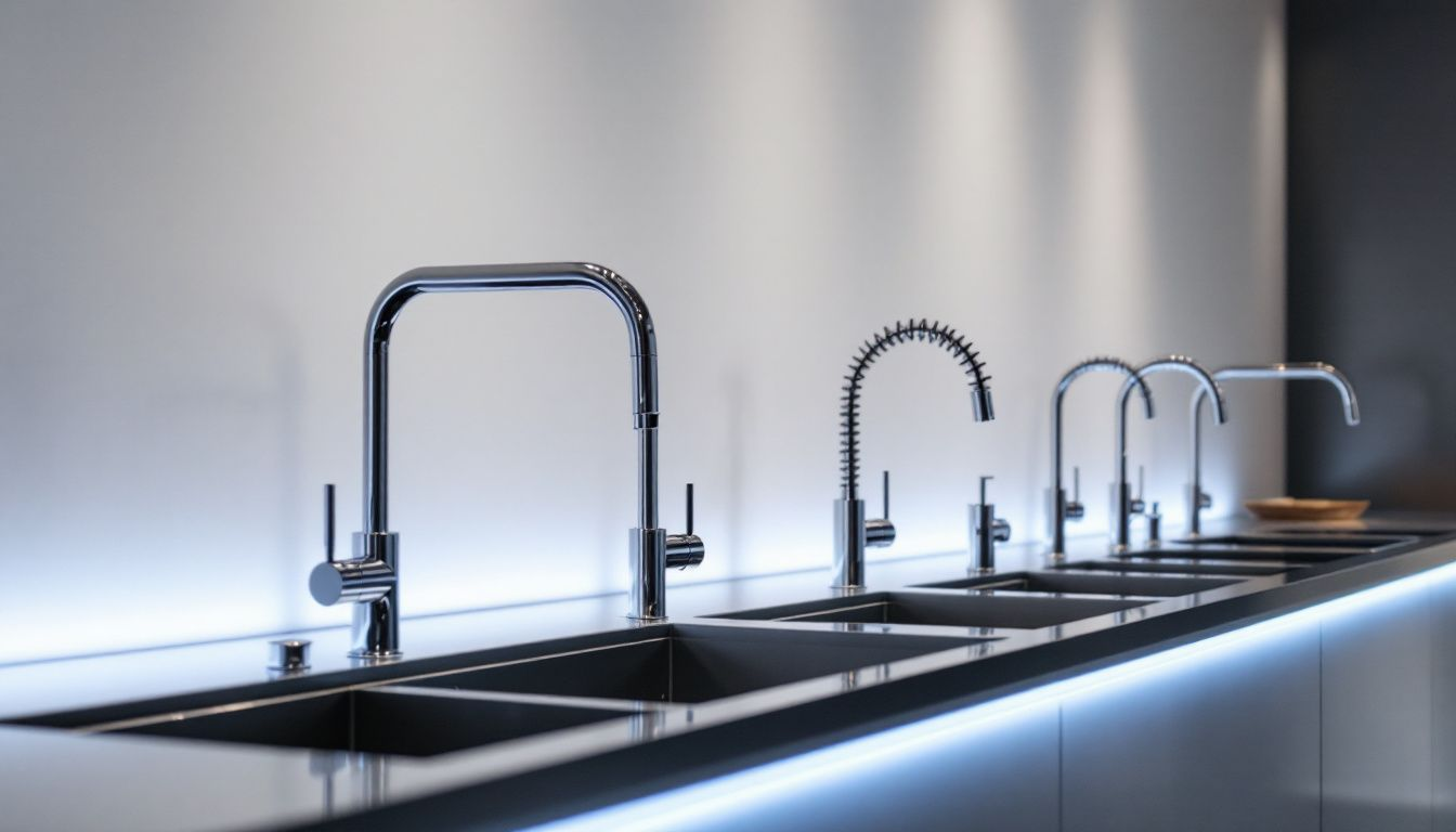 Different models of filtered kitchen taps displayed in a showroom.