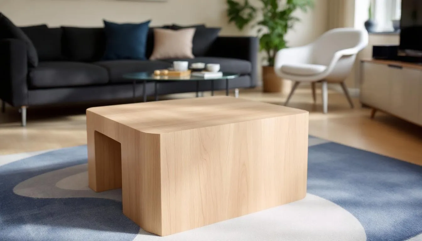 The image depicts a modern living room featuring a natural oak coffee table, complemented by contemporary decor that emphasises clean lines and minimalist design. This stylish space showcases the elegant beauty of solid oak furniture, creating a warm and inviting atmosphere perfect for relaxation.