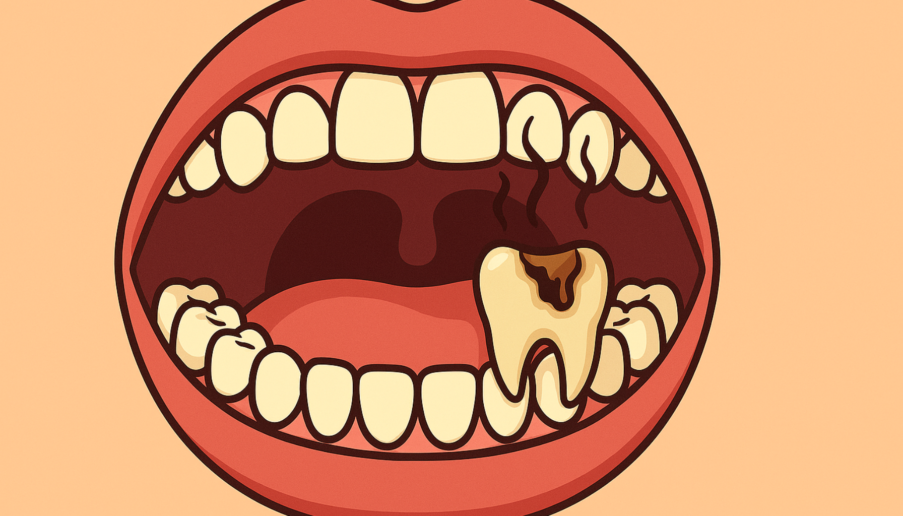 Tegnet munn med råtten tann og markert karies.