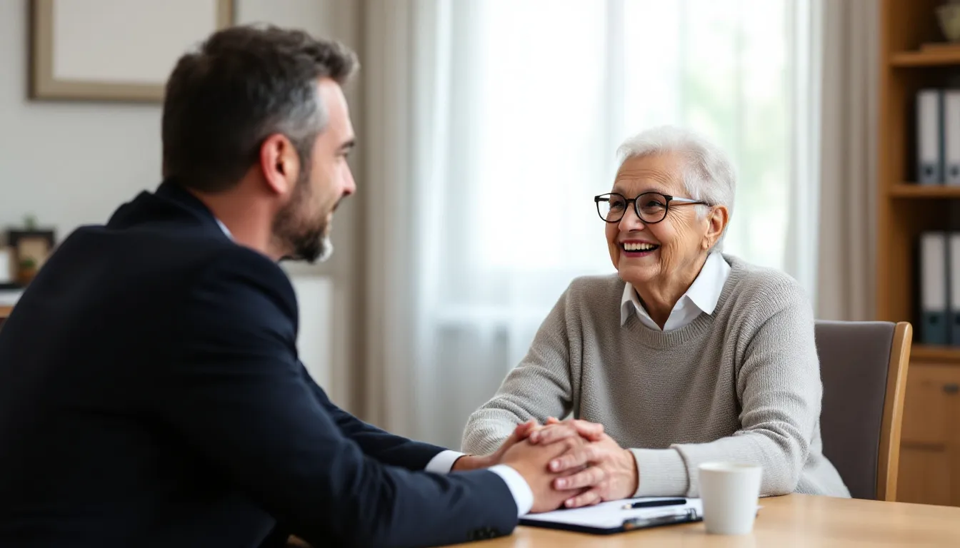In the image, an elderly client sits across from a compassionate attorney in a warm, inviting office, discussing social security disability benefits. The client appears happy and grateful, reflecting the supportive and attentive atmosphere of their meeting regarding the social security disability claim process.