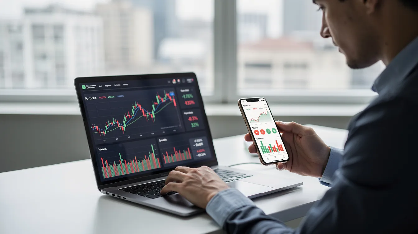 A person is seated at a desk, intently comparing investment charts displayed on a laptop and a mobile phone, utilizing stock analysis tools to make informed investment decisions. The scene highlights the importance of financial data and portfolio tracking in value investing, showcasing a modern approach to managing an investment portfolio.