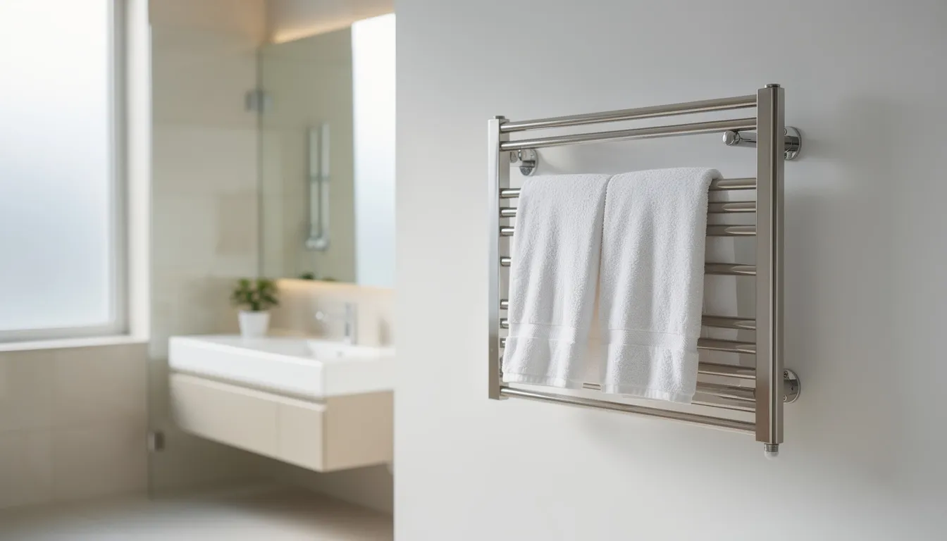 A modern wall-mounted towel warmer is elegantly displayed in a clean bathroom spa setting, surrounded by fluffy white towels, creating a serene atmosphere ideal for relaxation and recovery after cold water immersion or cold water therapy. The warm towels provide comfort and contrast to the chilly experience of cold plunging, enhancing the overall health benefits of muscle recovery and relaxation.