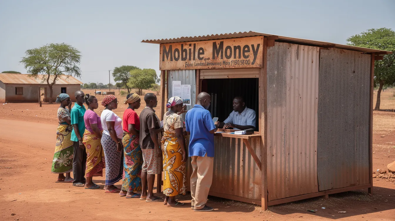 The image shows a rural agent kiosk prominently displaying a mobile money sign, with several customers waiting in line to access digital financial services such as sending money, paying bills, and withdrawing cash. This scene highlights the importance of mobile money platforms in promoting financial inclusion in remote areas.