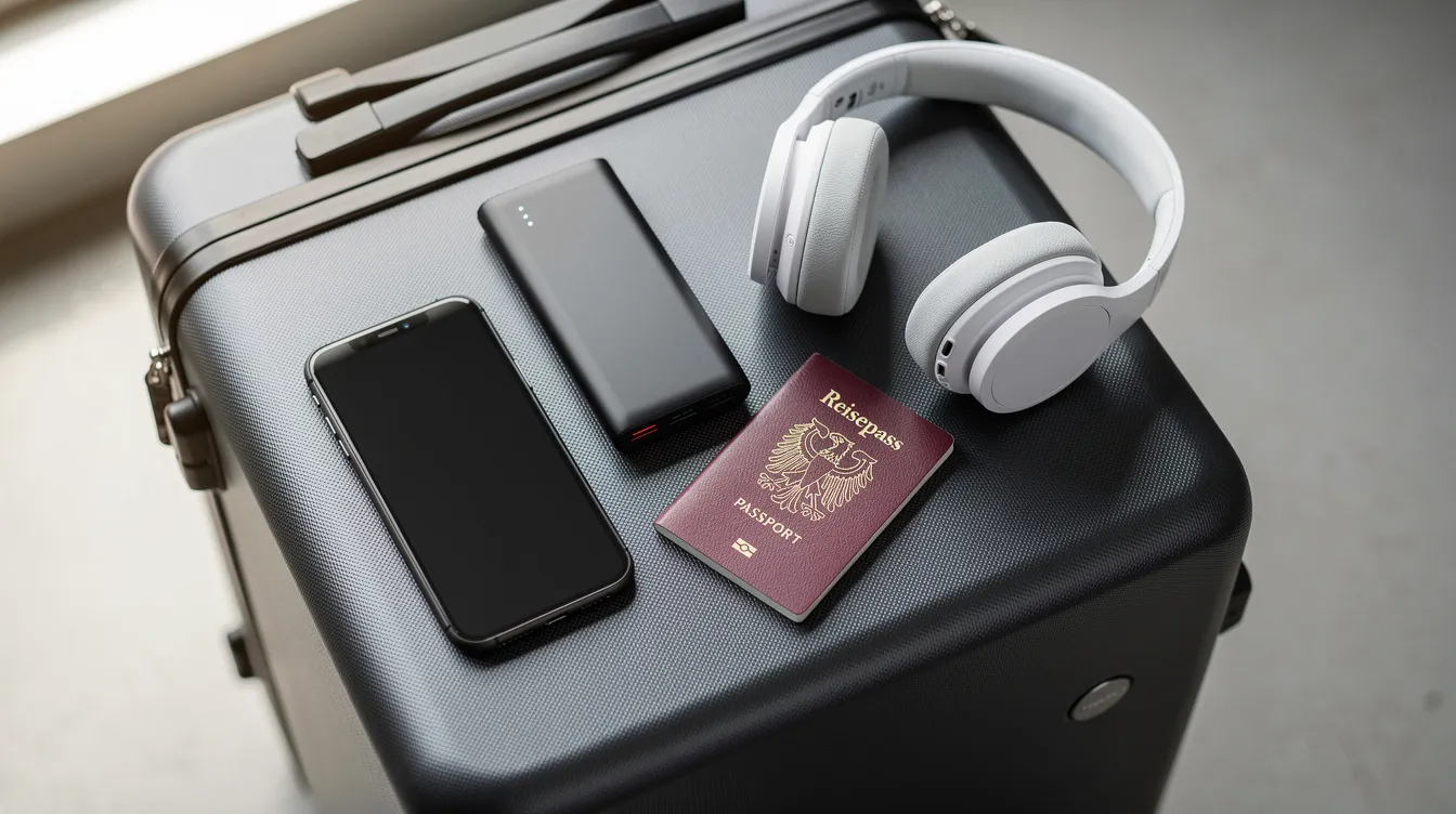 Auf einem Koffer liegen verschiedene Reiseutensilien: eine Powerbank für iPhone, ein Reisepass, Kopfhörer und ein Smartphone. Die Powerbank, möglicherweise eine Anker Maggo Powerbank mit 10.000 mAh, bietet eine praktische Möglichkeit, Geräte unterwegs aufzuladen.