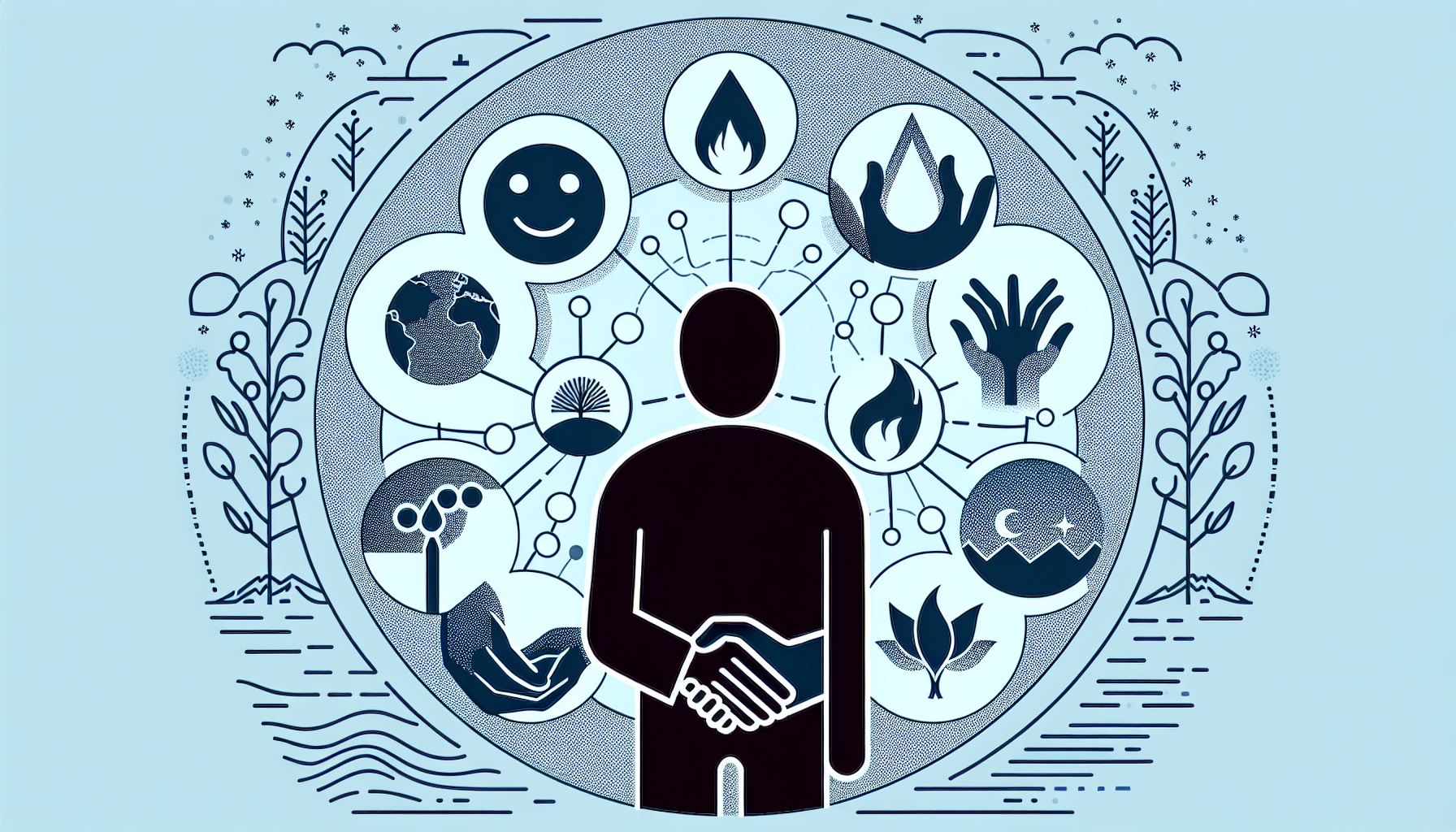 Illustration of a person surrounded by various emotional and social elements