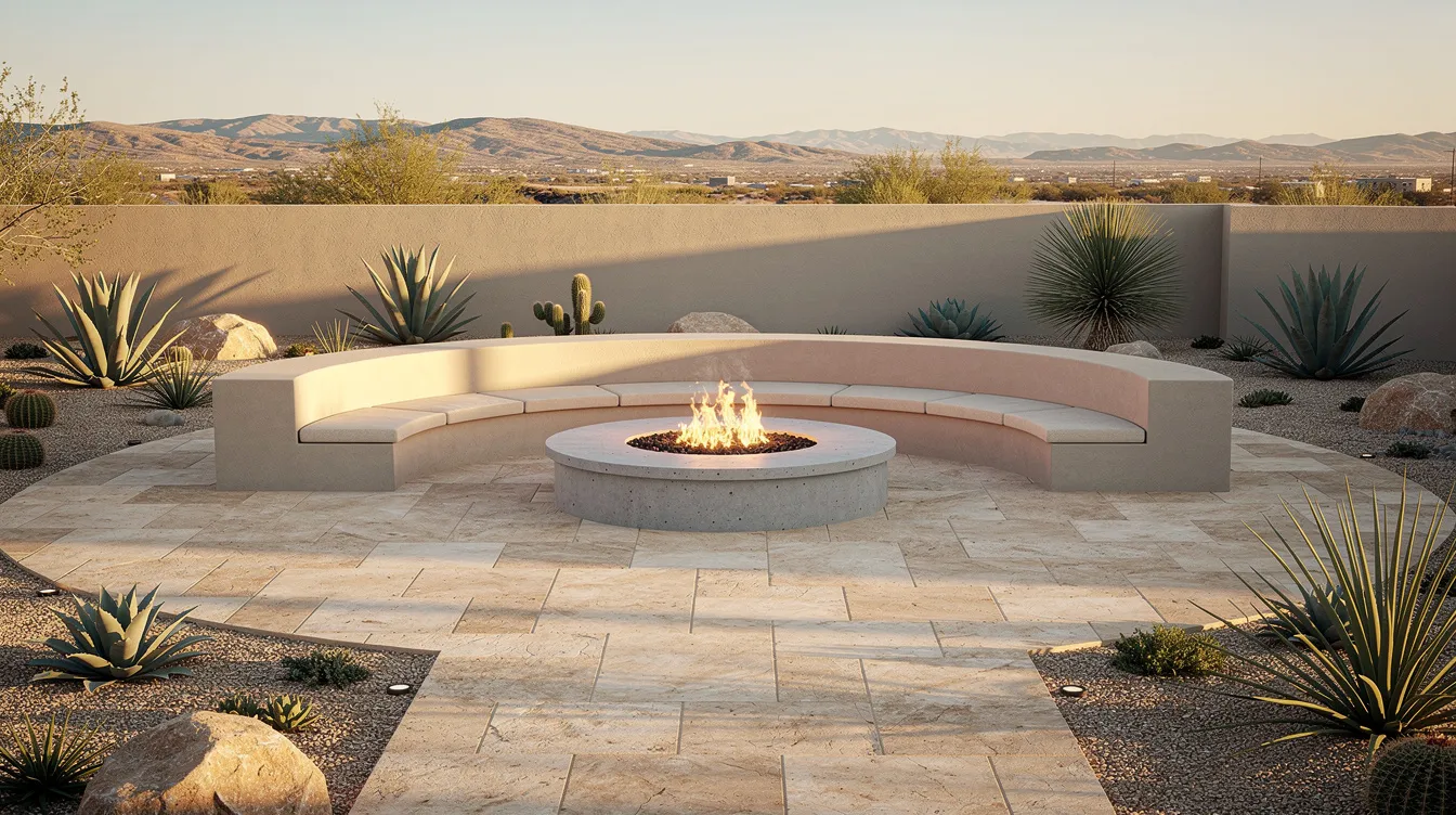 The image depicts a desert backyard patio featuring light-colored pavers arranged around a circular fire pit, which serves as a focal point. Surrounding the fire pit are low seating walls and sparse desert plantings, creating an inviting outdoor living space that blends hardscape elements with the natural beauty of the landscape.