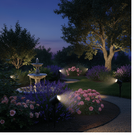 Cottage outdoor lighting ideas with garden spotlights illuminating flowers and a water fountain.