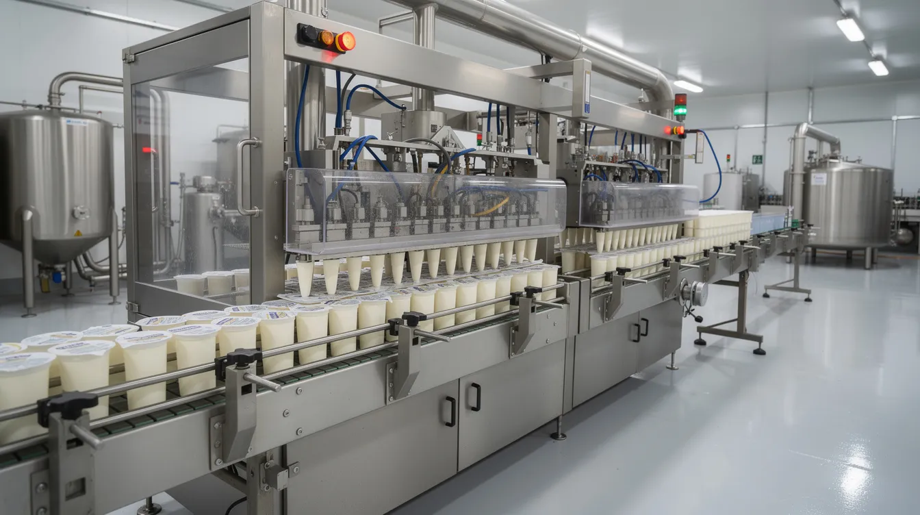 212bde3c f11a 4924 97b1 51ae598e560c The image depicts an automatic curd cup filling and sealing machine in a modern dairy processing plant, showcasing advanced machinery designed for efficient production. The stainless steel equipment is set against a backdrop of raw milk storage, emphasizing the high standards of quality control and food processing in the dairy industry.