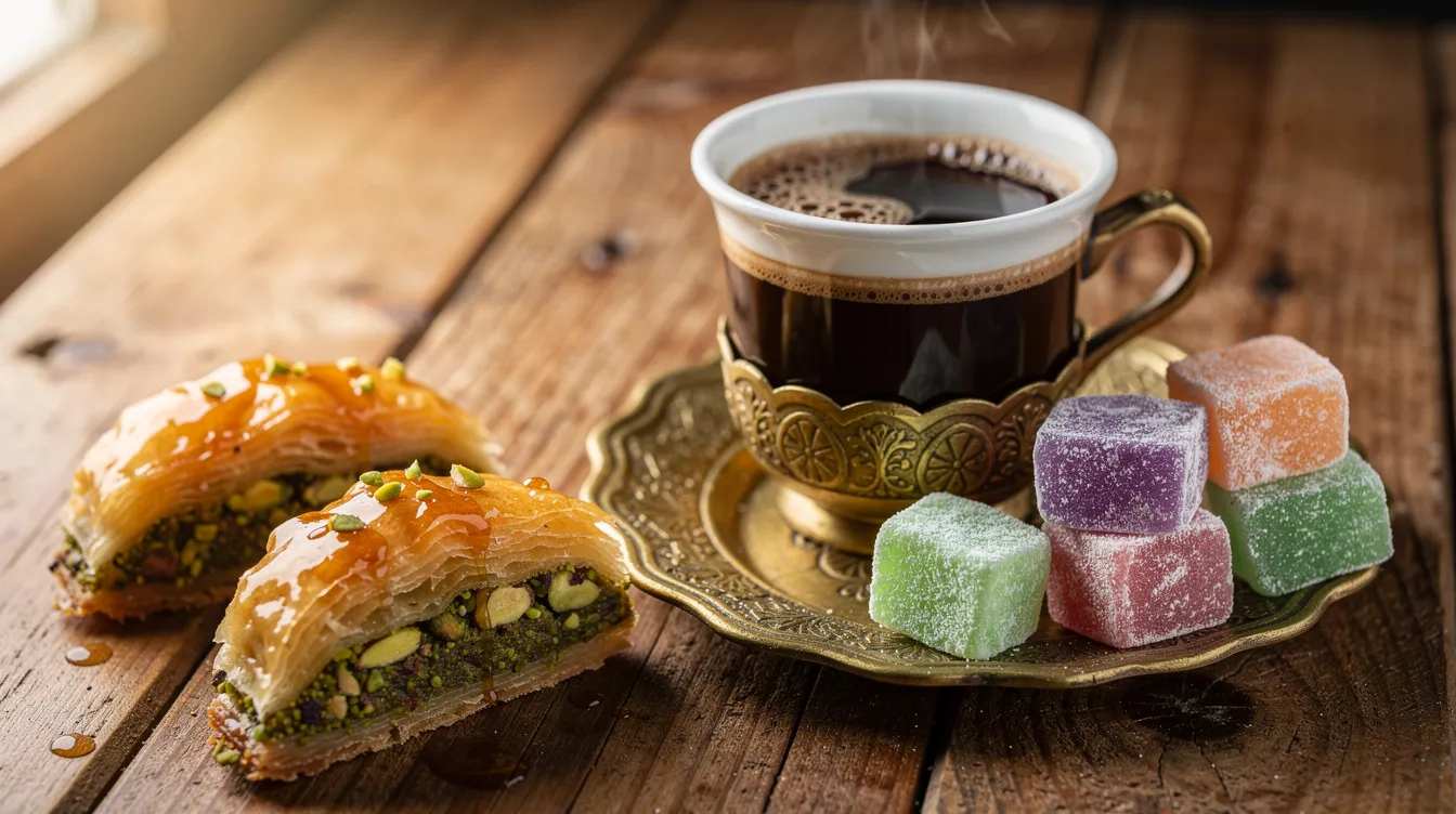 Una taza de café turco, con su característico café molido muy fino y espuma en la superficie, se encuentra sobre una mesa de madera, acompañada de dulces tradicionales como lokum y baklava, evocando la rica tradición del Imperio Otomano. La escena refleja un momento acogedor en un ambiente de Oriente Medio, ideal para disfrutar de una bebida reconfortante.