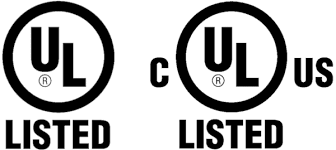 Two black and white logos featuring the 'UL Listed' certification mark. The first logo shows the 'UL' letters inside a circle with the word 'LISTED' below. The second logo includes the letters 'C' on the left and 'US' on the right, surrounding the same 'UL' circle and 'LISTED' text beneath.