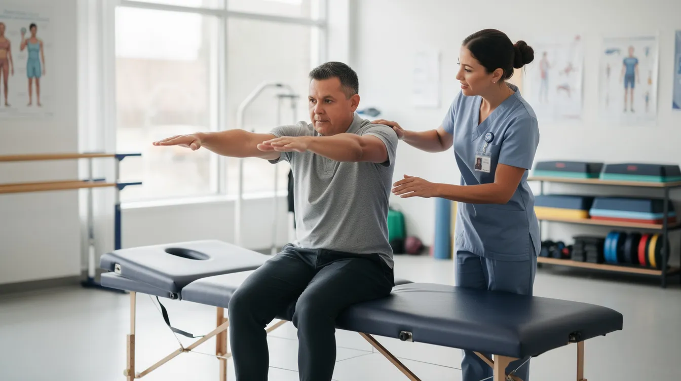 The image depicts a person engaged in balance exercises in a rehabilitation clinic, guided by a physical therapist. This setting is crucial for individuals recovering from traumatic brain injuries, as they work to regain motor skills and normal brain function.