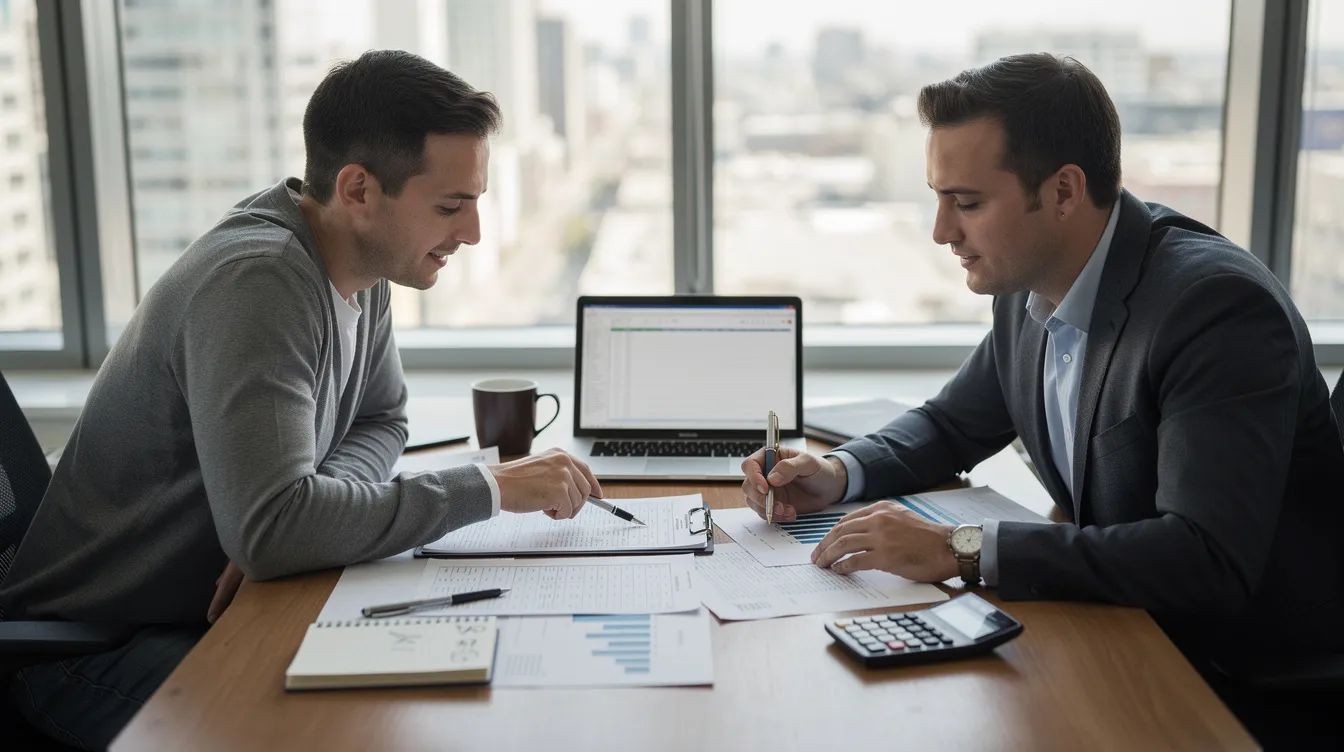 A business owner and an accountant are seated at a desk, intently reviewing financial documents related to the employee retention credit (ERC) and discussing the application process for potential tax refunds. The scene reflects a collaborative effort to navigate the complexities of ERC claims and ensure the business meets eligibility criteria for maximum benefits.