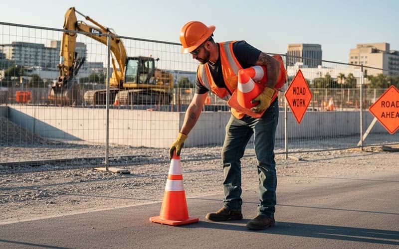 Construction worker placing traffic cones outside the work site