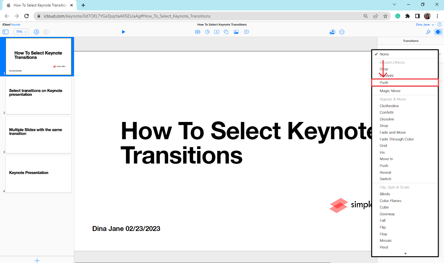 click the "Play" icon, to begins playing immediately after you add a transition to your presentation.