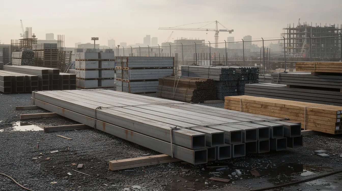 The image depicts a staging yard filled with stacked steel beams and various construction materials, highlighting the logistical aspects of procurement in construction projects. This setting emphasizes the importance of managing material costs and addressing price escalation to mitigate financial risk in the context of global supply chains.
