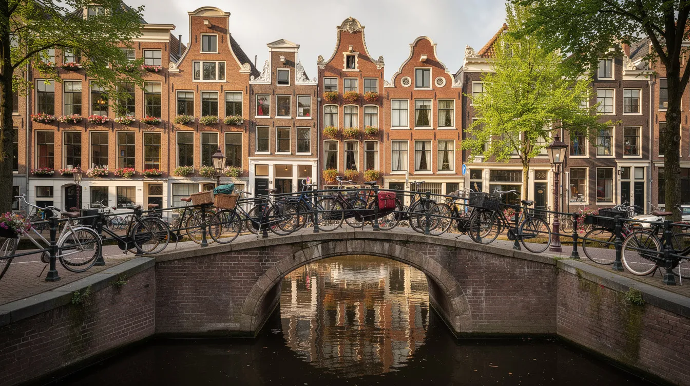 The image captures traditional canal houses lining a serene waterway in Amsterdam, with bicycles parked along a charming bridge. This picturesque scene reflects the iconic architecture and vibrant culture of the Netherlands, a key city in western Europe.