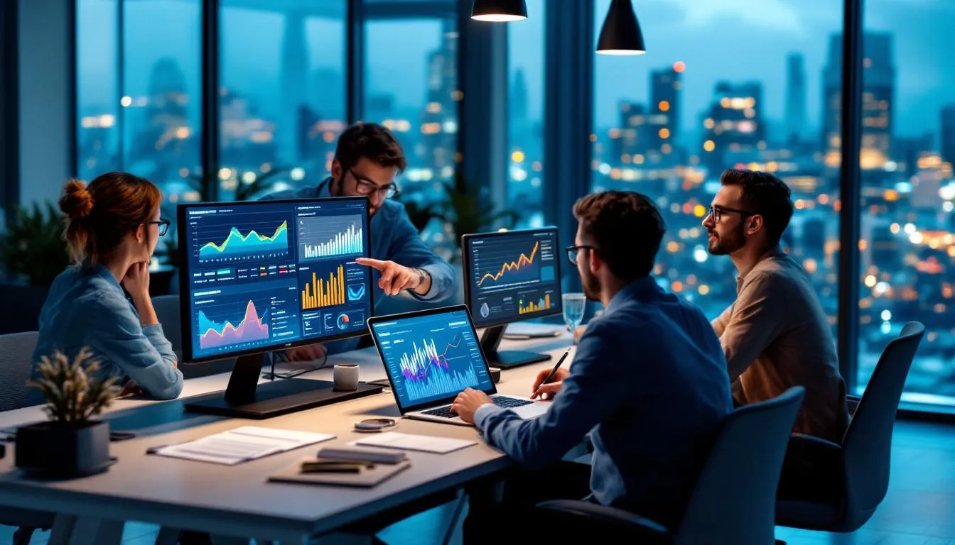 A business team is gathered around multiple screens, analyzing productivity metrics displayed on AI tool performance dashboards, showcasing various AI productivity tools and their real-time data. The environment reflects a focus on project management and effective use of generative AI to enhance team efficiency.