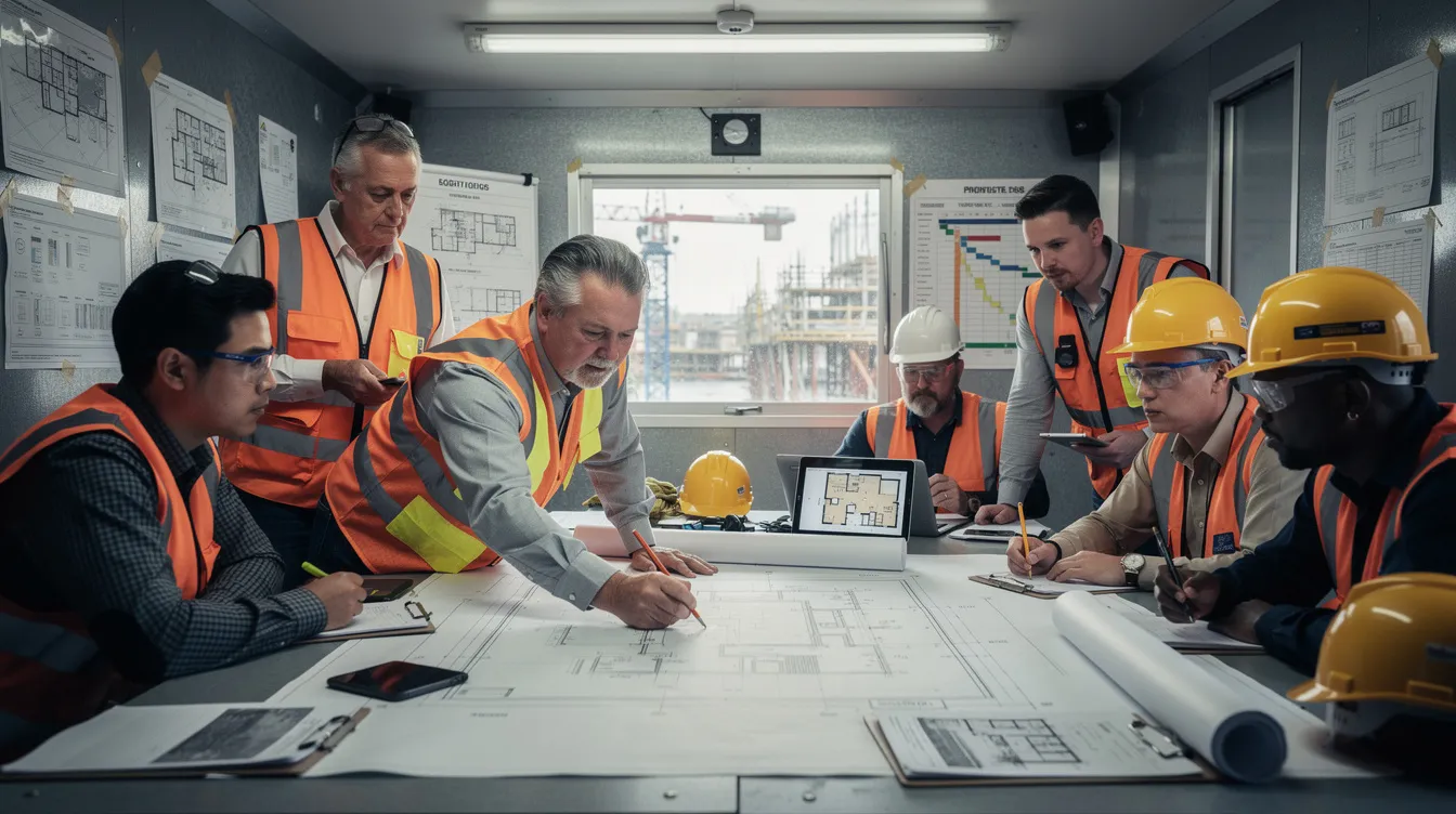 A group of construction professionals is gathered around a table in a jobsite trailer, intently reviewing blueprints and contract documents related to their construction project. They discuss strategies for managing risks and ensuring project completion while addressing potential disputes and quality standards.