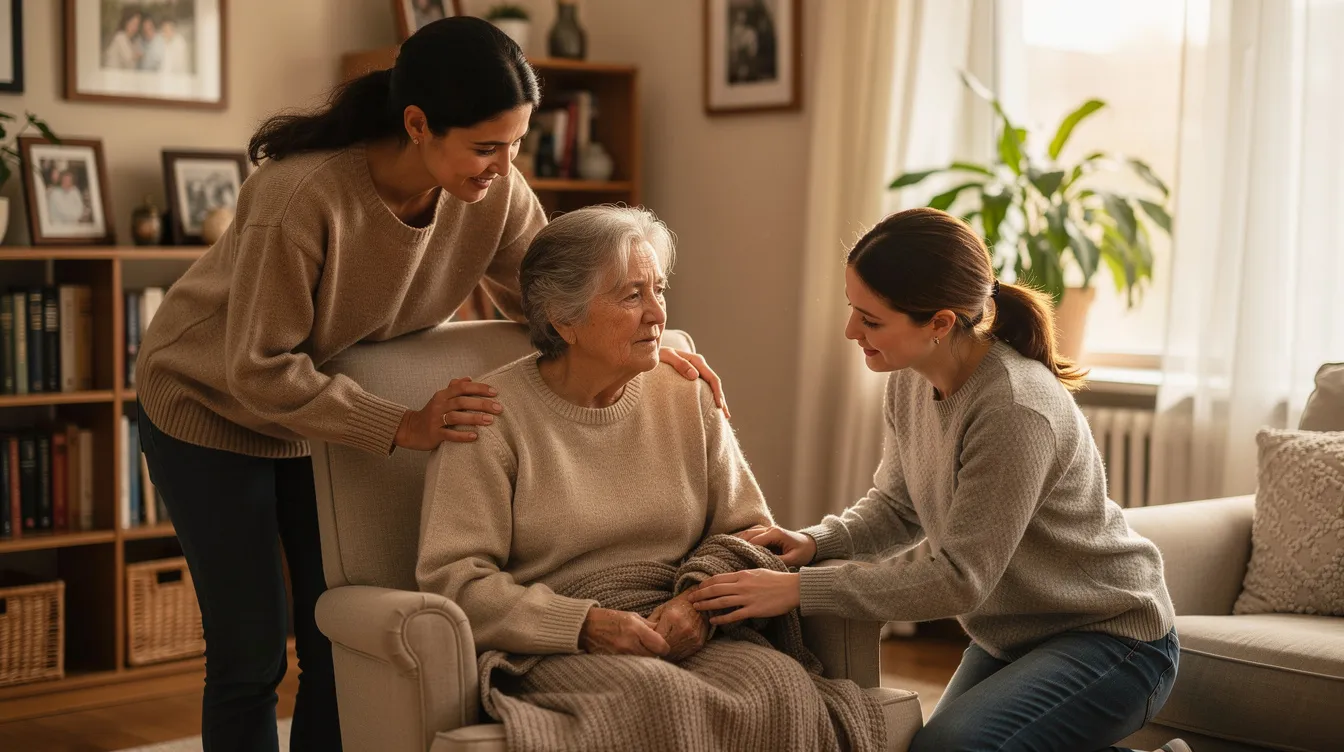 An elderly person is being gently assisted by family members in a cozy home environment, surrounded by loved one's belongings as they navigate the process of downsizing. The scene conveys a sense of care and support, reflecting the importance of responsible disposal and the emotional aspects of estate cleanouts.