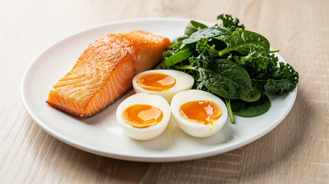 A colorful plate features a variety of protein-rich foods, including grilled salmon, hard-boiled eggs, and a generous serving of leafy greens, promoting optimal healing and recovery, which is essential after tummy tuck surgery. This nutritious meal can support the body during the healing process and help minimize visible scarring.