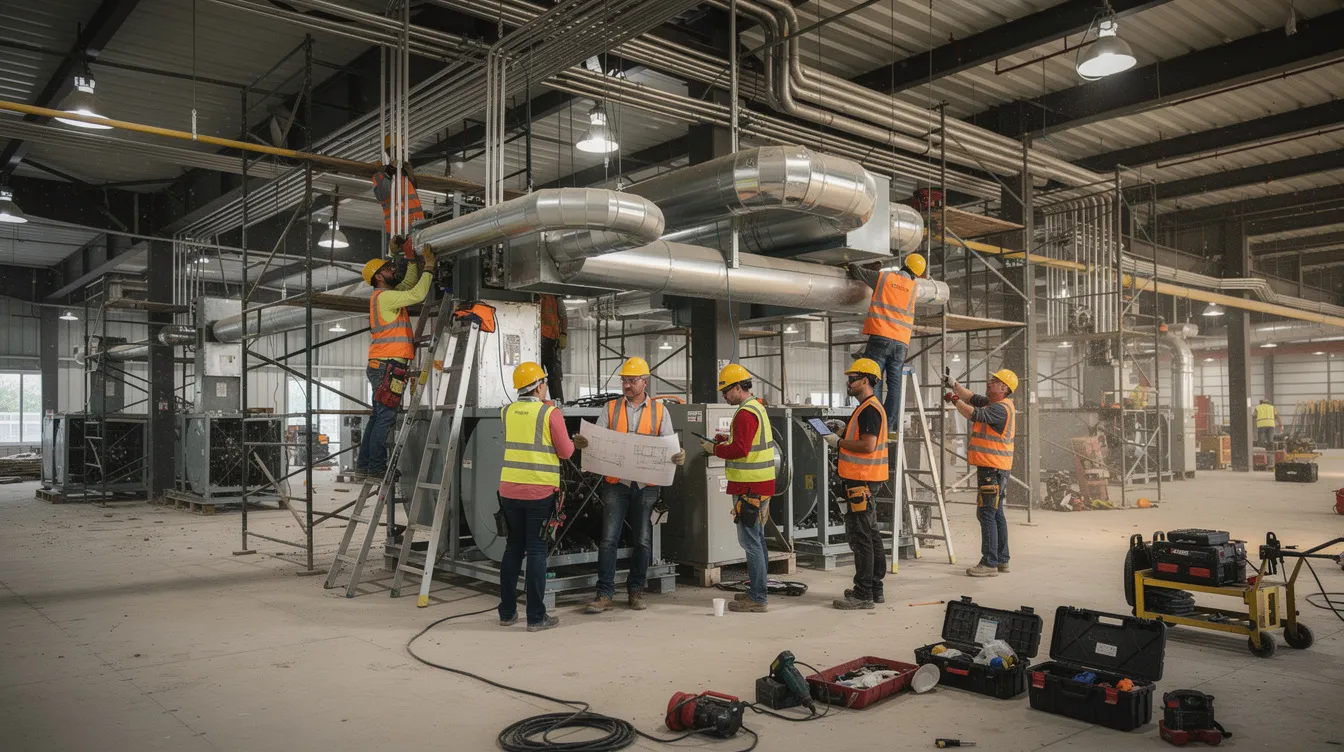 A group of construction workers is collaborating on installing mechanical systems, including heating equipment, inside a large commercial building that is currently under construction. This teamwork highlights the importance of skilled tradespeople in the construction industry and the hands-on training provided through HVAC technician apprenticeship programs.