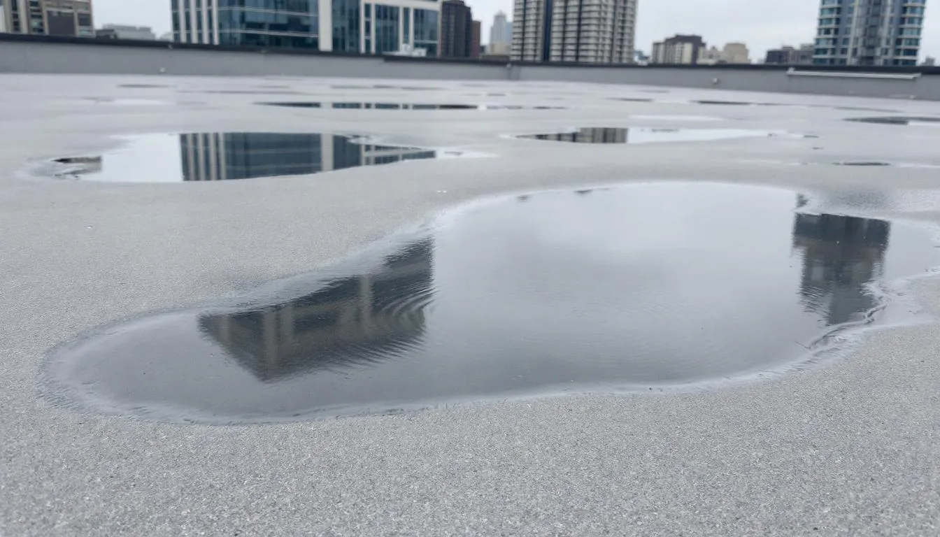 The image depicts water pooling on a flat roof, highlighting areas of potential water damage and the need for flat roof repairs. This standing water can lead to further deterioration of the roofing material and may require the attention of a roofing professional to ensure proper drainage and structural integrity.