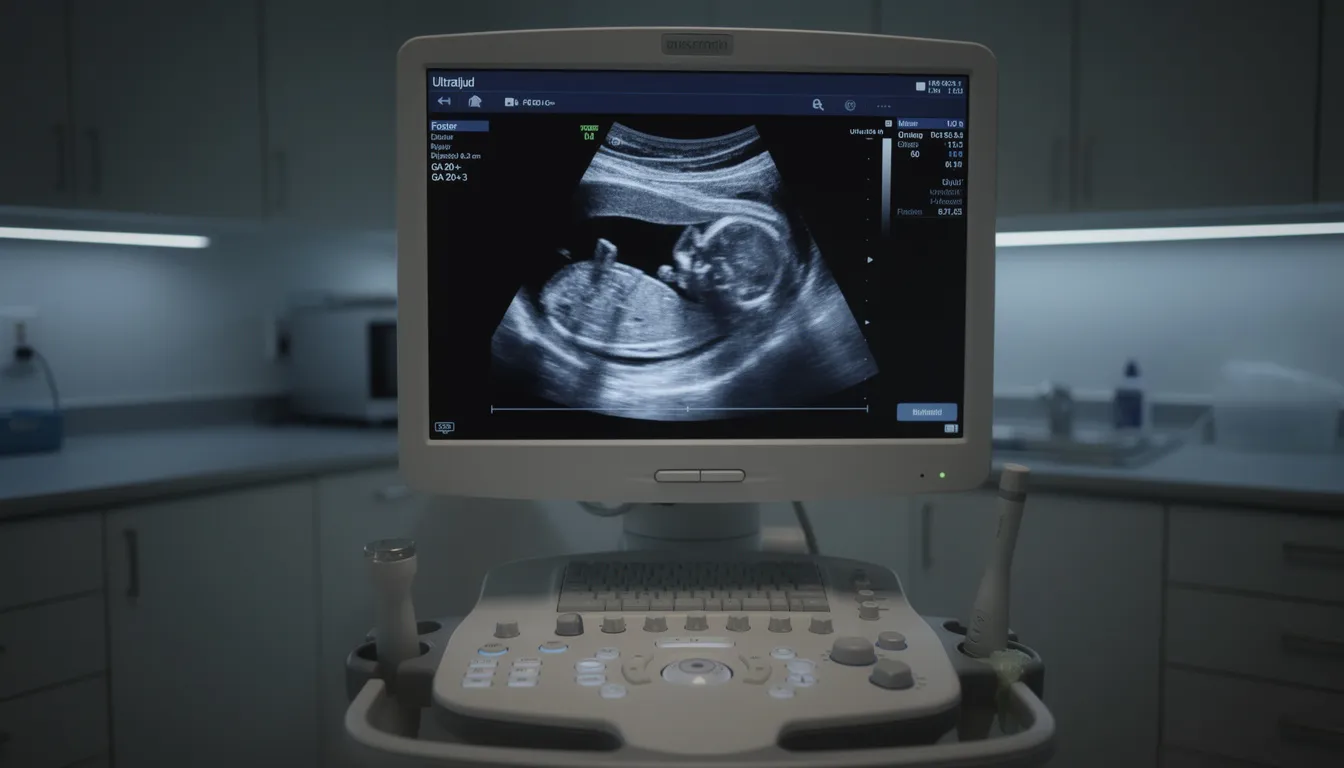 En ultraljudsbild visar ett foster i livmodern, vilket kan ses på en skärm under en ultraljudsundersökning. Denna bild kan tas vid olika graviditetsveckor, som vecka 12 eller vecka 18, och ger blivande föräldrar viktig information om fostrets utveckling.