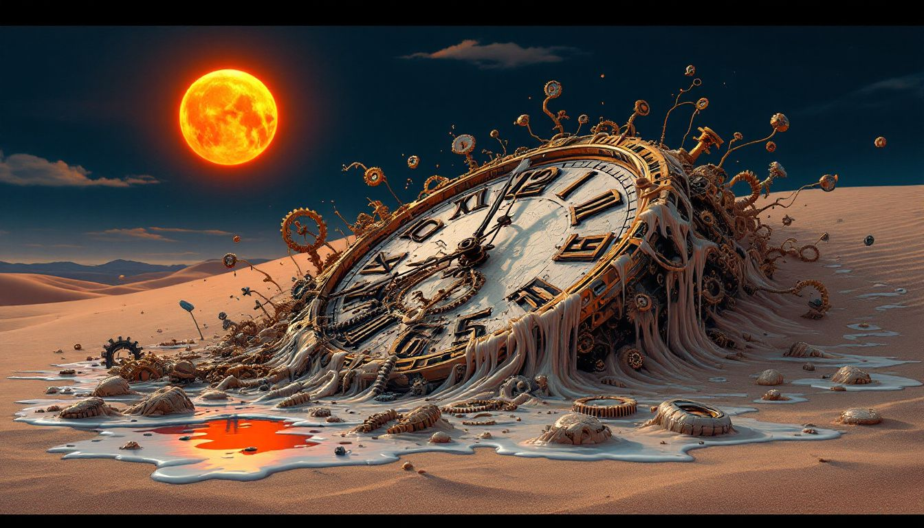 A surreal representation of a melting clock under the sun.