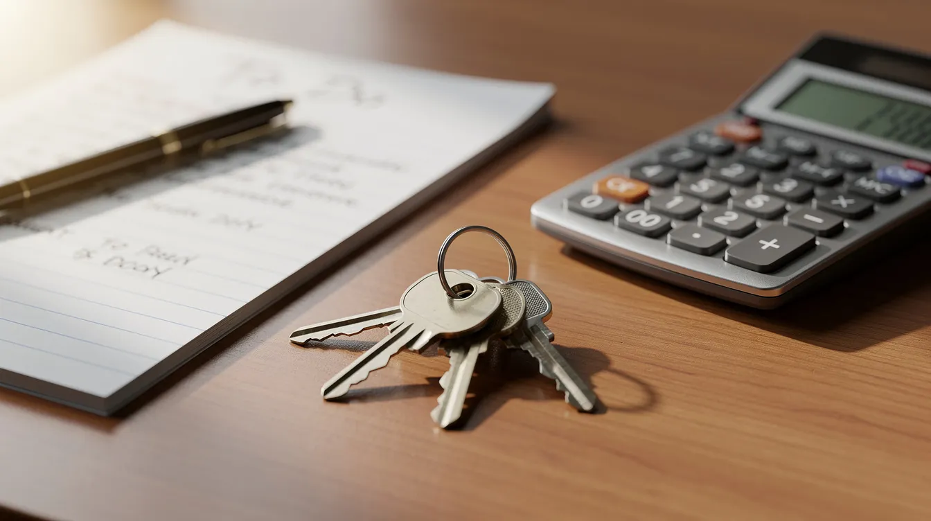 A set of house keys lies on a wooden desk alongside a calculator and notepad, symbolizing the important financial decisions faced by real estate investors. This scene reflects the practical aspects of securing a hard money loan for investment properties, emphasizing the need for careful consideration of loan terms and repayment schedules.