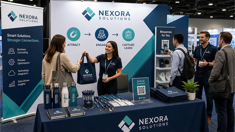 Trade show lead generation booth using branded giveaways, QR codes, and product displays to attract visitors.
