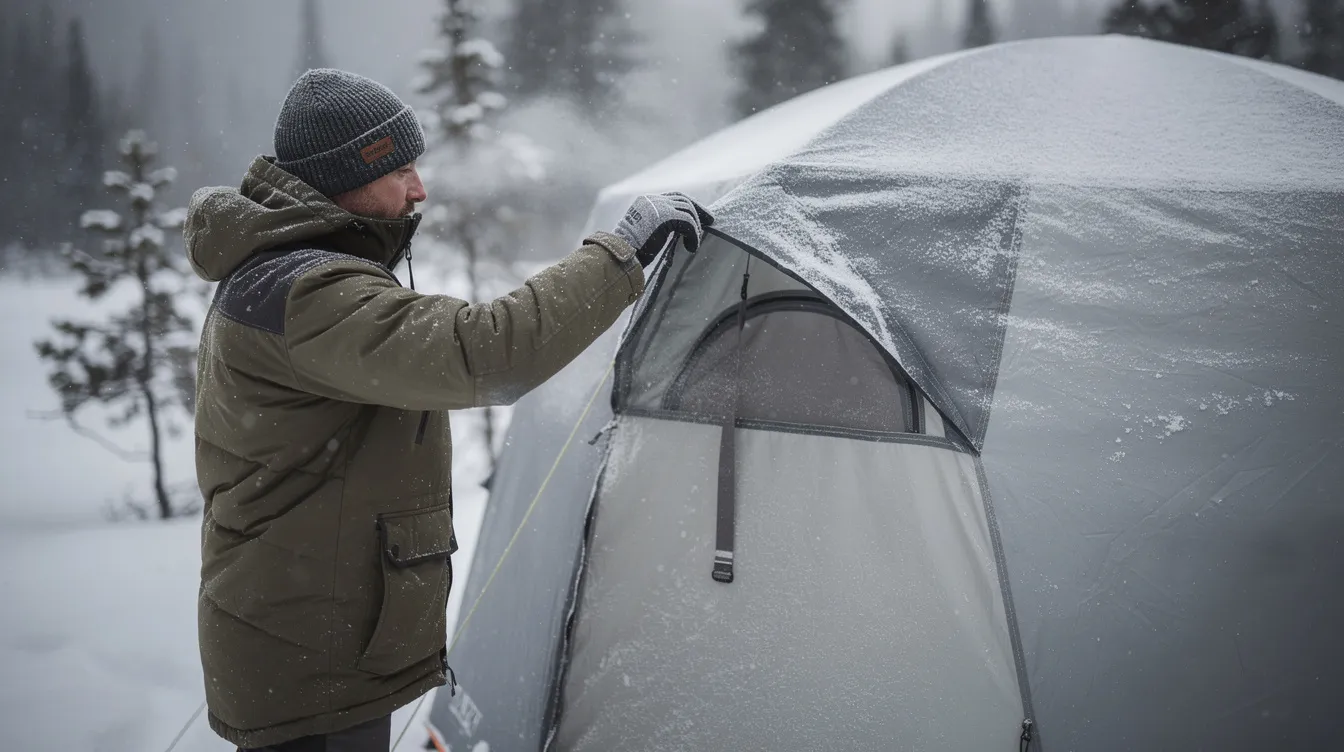 A camper is adjusting the ventilation flap on an insulated winter tent, surrounded by gently falling snow. This cold weather tent is designed for extreme conditions, ensuring warmth and comfort while enjoying the great outdoors.