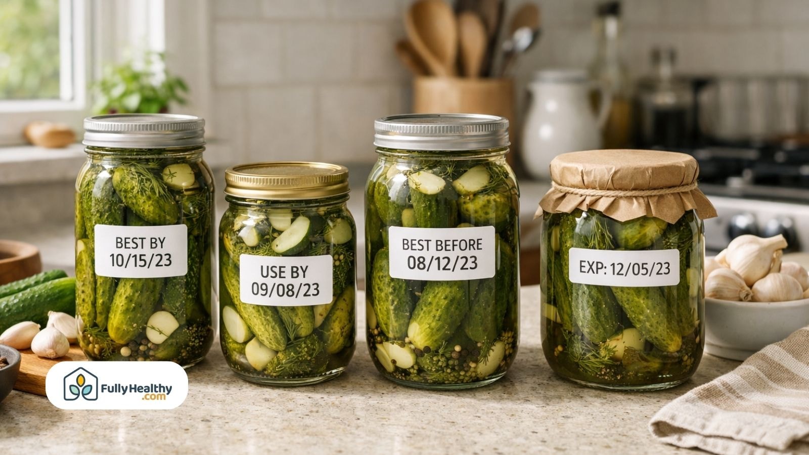 Glass jars of pickles showing best by and expiration date labels