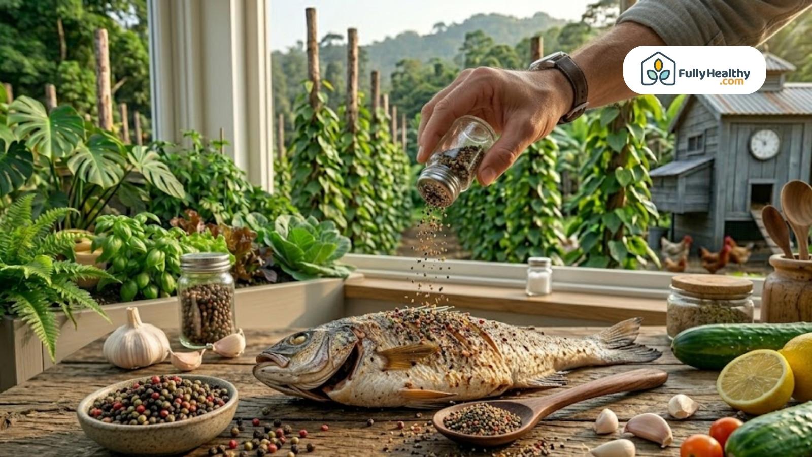 Hand sprinkling peppercorns over fresh fish with vegetables on wooden table