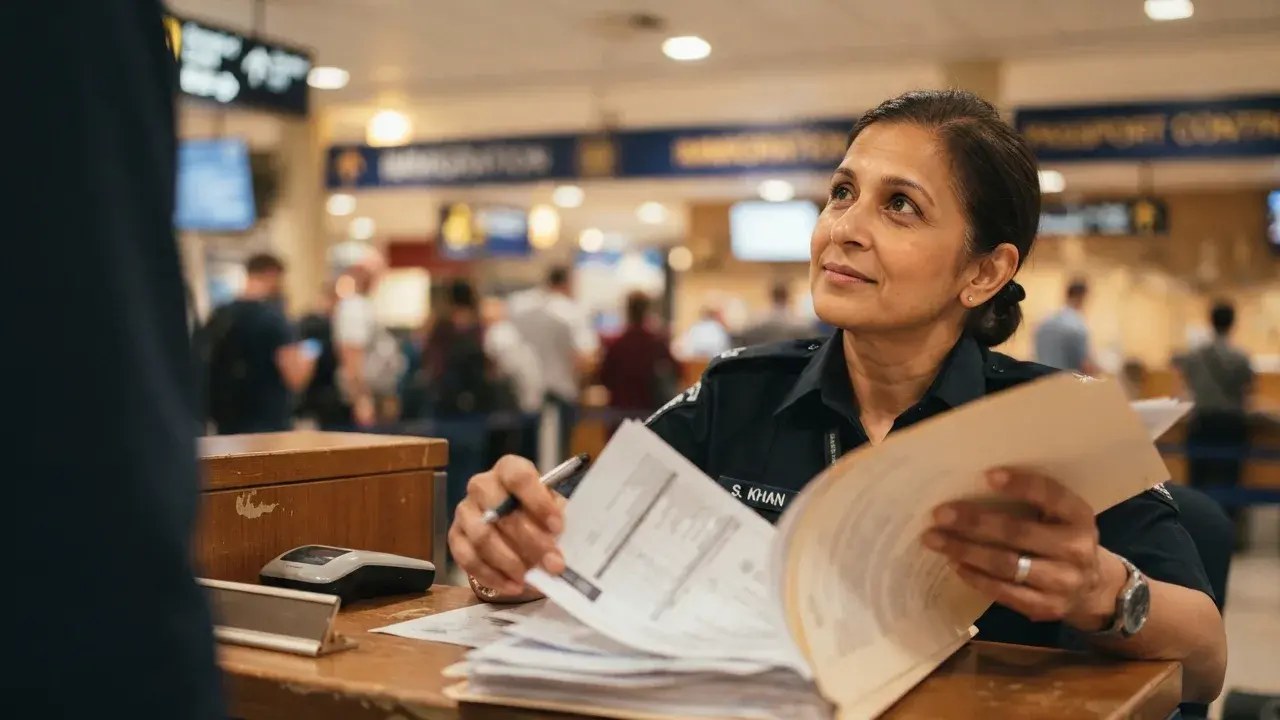 Immigration officer checking funds and ticket onward proof