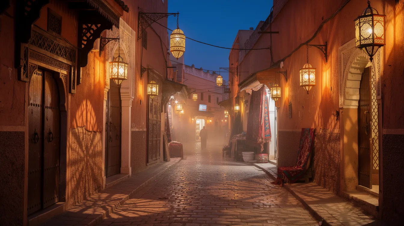The image depicts a narrow alleyway in the Marrakech medina, beautifully illuminated by traditional lanterns at dusk, creating a warm and festive atmosphere reminiscent of Christmas in Morocco. The soft glow of the lanterns enhances the charm of the local customs, inviting visitors to explore the bustling markets adorned with festive decorations.