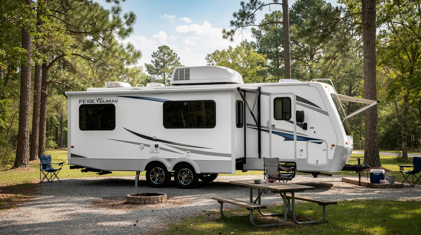 An RV travel trailer is parked at a campground, showcasing a Coleman Mach air conditioner unit prominently on the roof. The scene suggests a comfortable setup for camping, with the AC unit indicating a focus on cooling efficiency and regular maintenance for optimal performance.