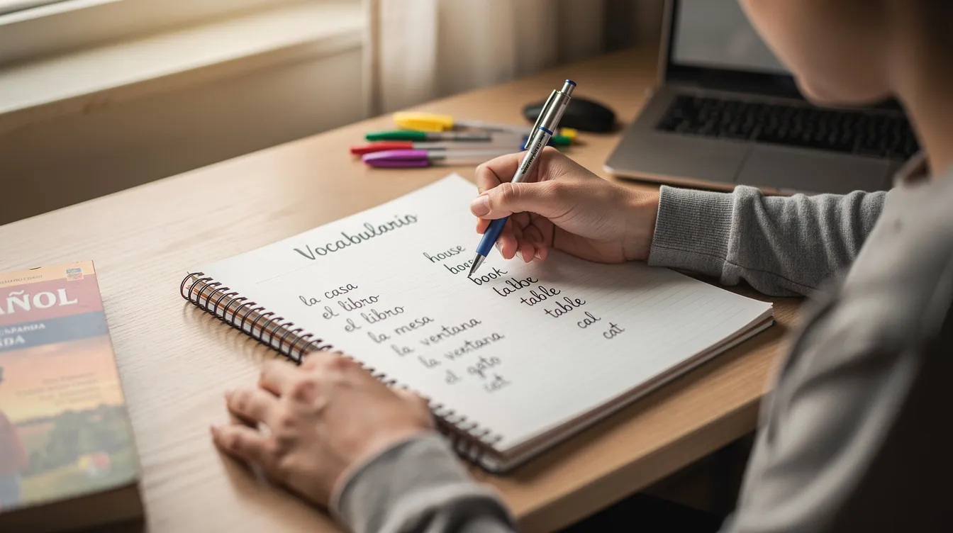 The image shows a person sitting at a desk, focused on writing Spanish vocabulary in a notebook. They are likely studying common irregular verbs and their conjugations in the present tense, which is essential for mastering the Spanish language.