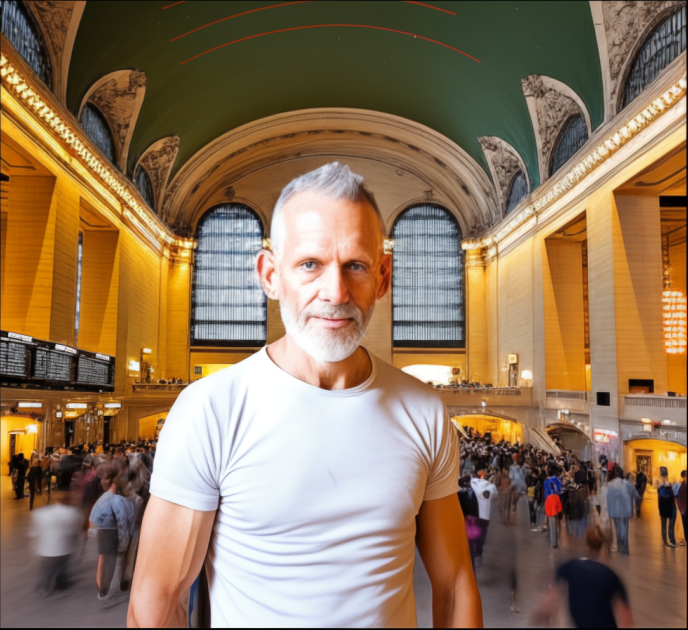 Image of man in Grand Central Station in NYC facing middle age and midlife crisis.
