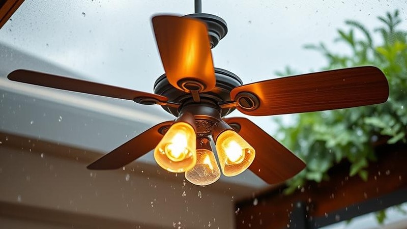 Outdoor ceiling fan enduring light rain water