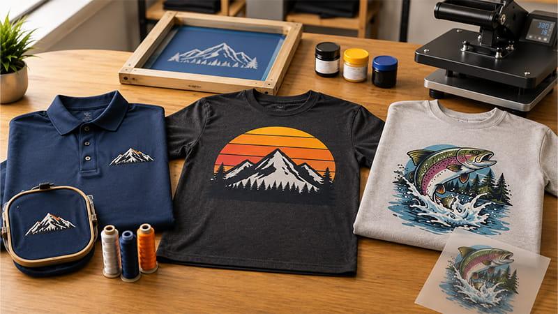 Custom apparel showing embroidery, screen printing, and transfer printing examples on polo shirts and T-shirts with production equipment